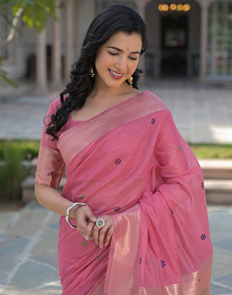 Rose Pink Cotton Woven Paithani Saree