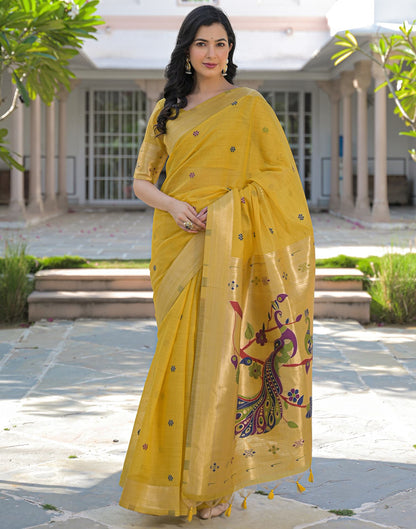 Yellow Cotton Woven Paithani Saree