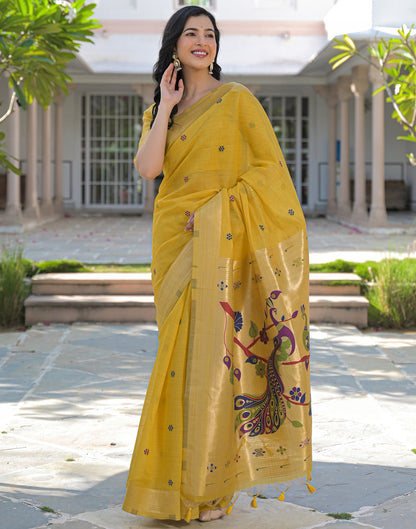 Yellow Cotton Woven Paithani Saree