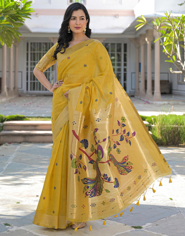 Yellow Cotton Woven Paithani Saree
