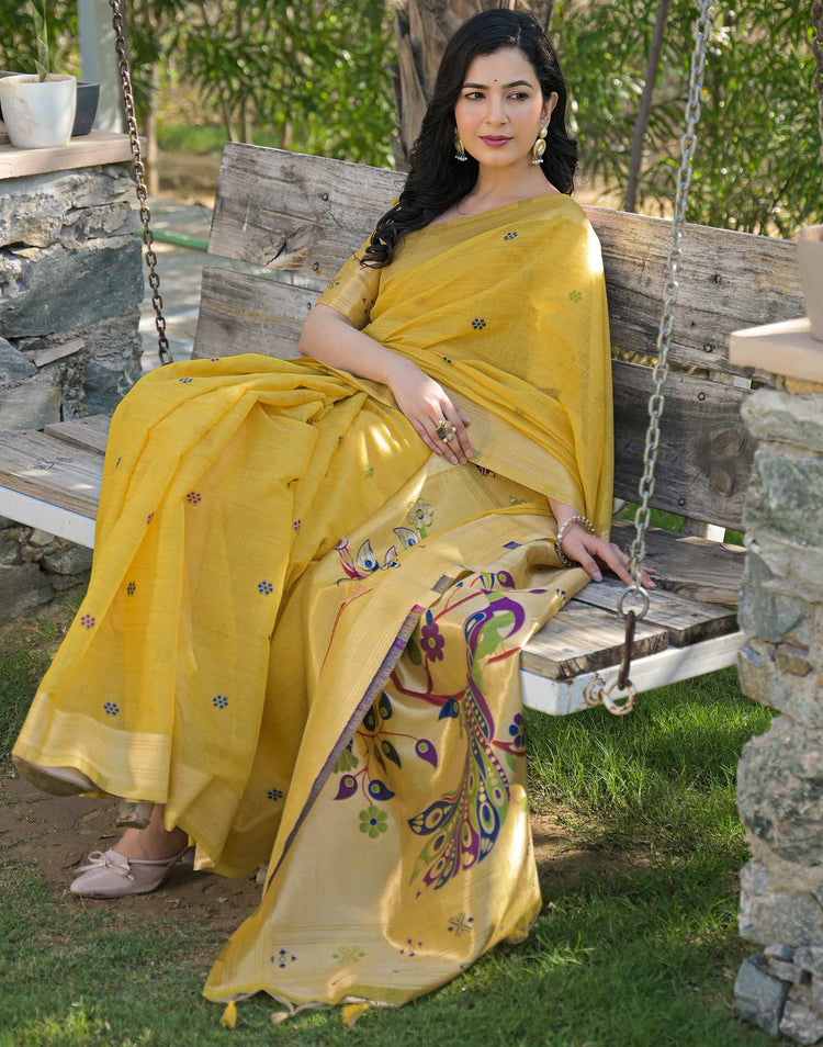 Yellow Cotton Woven Paithani Saree
