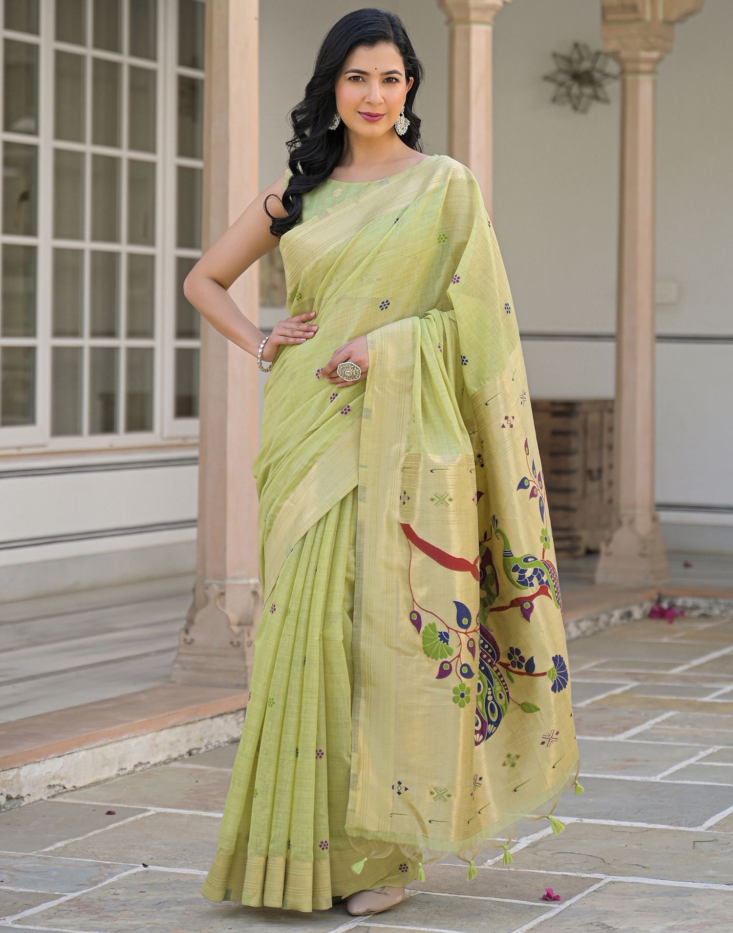 Pista Green Cotton Woven Paithani Saree