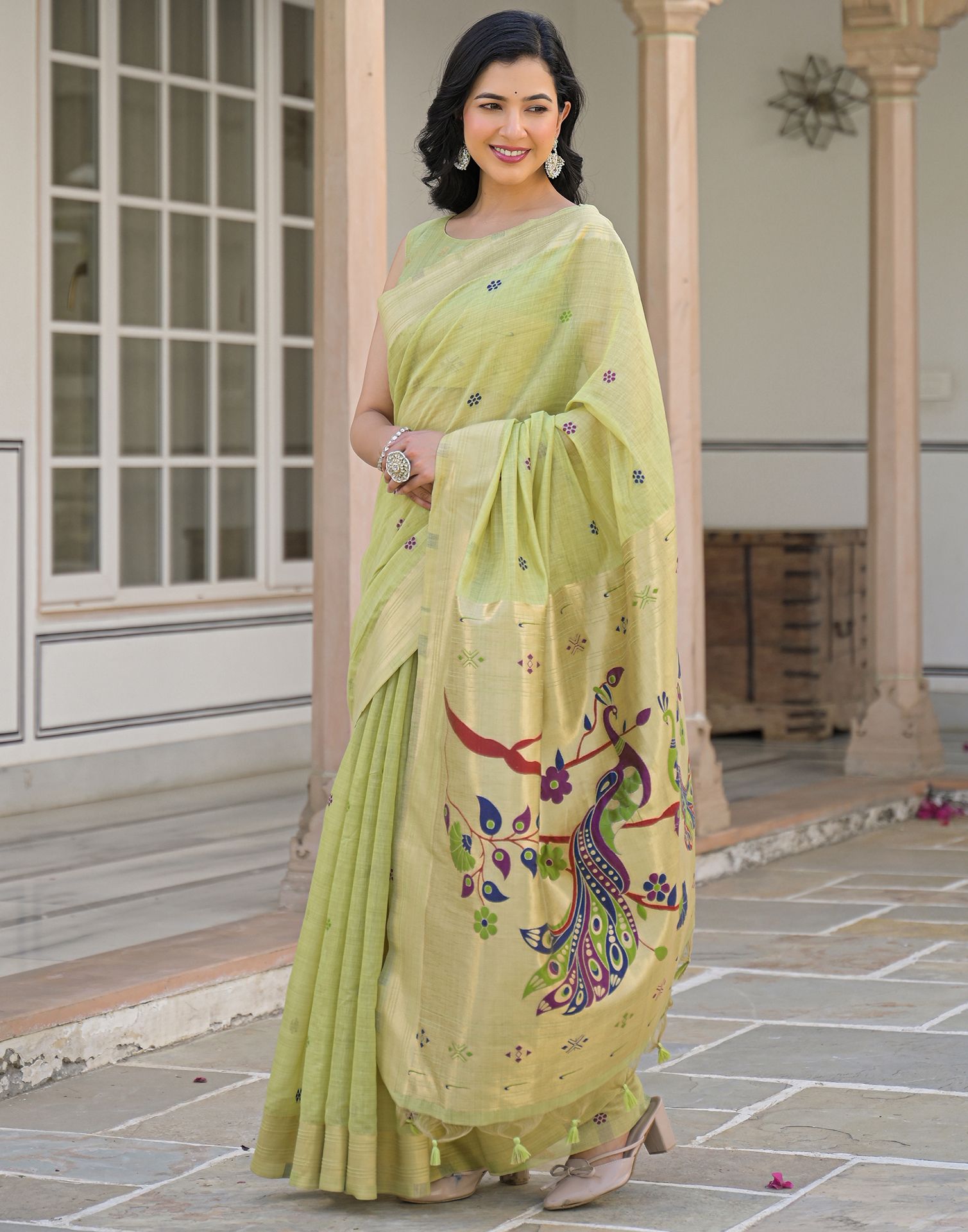 Pista Green Cotton Woven Paithani Saree