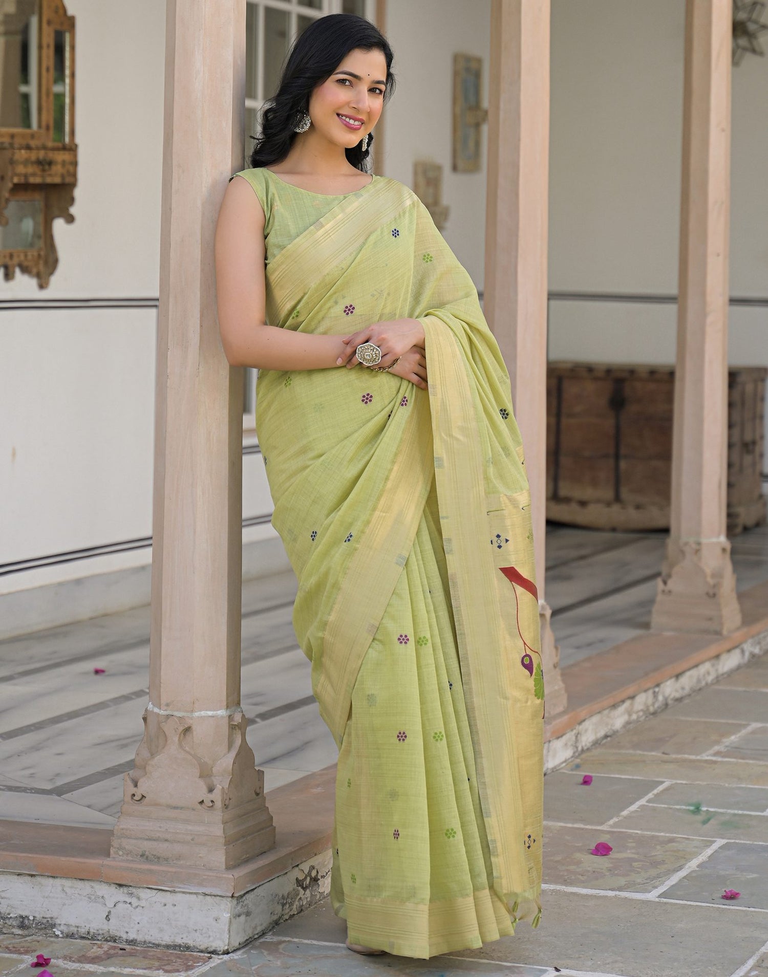 Pista Green Cotton Woven Paithani Saree
