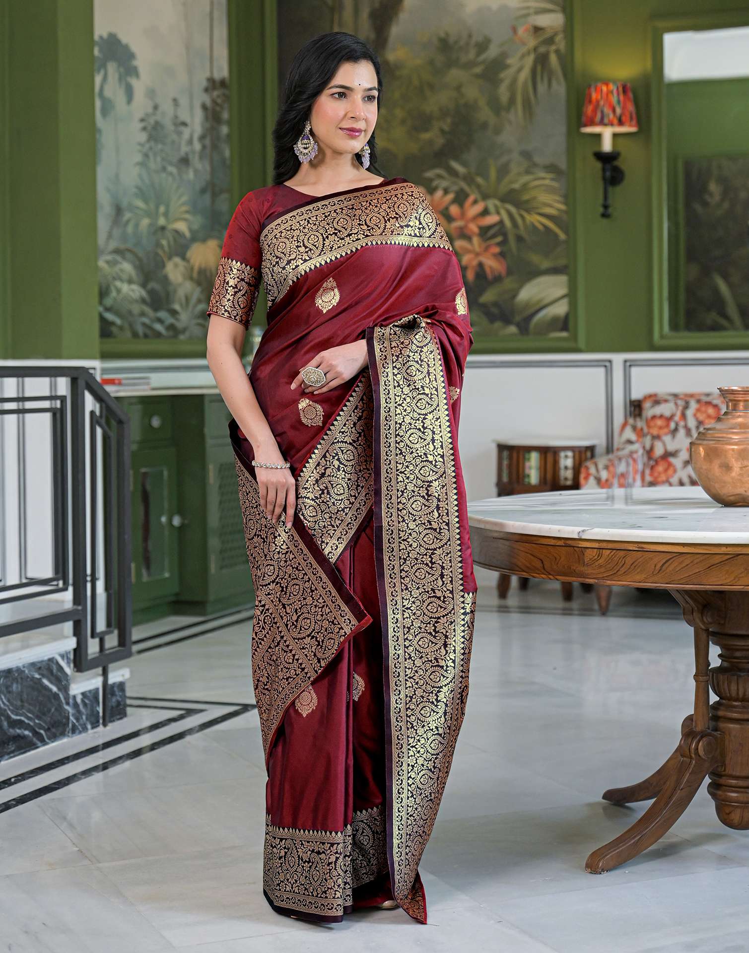 Maroon Silk Woven Banarasi Saree