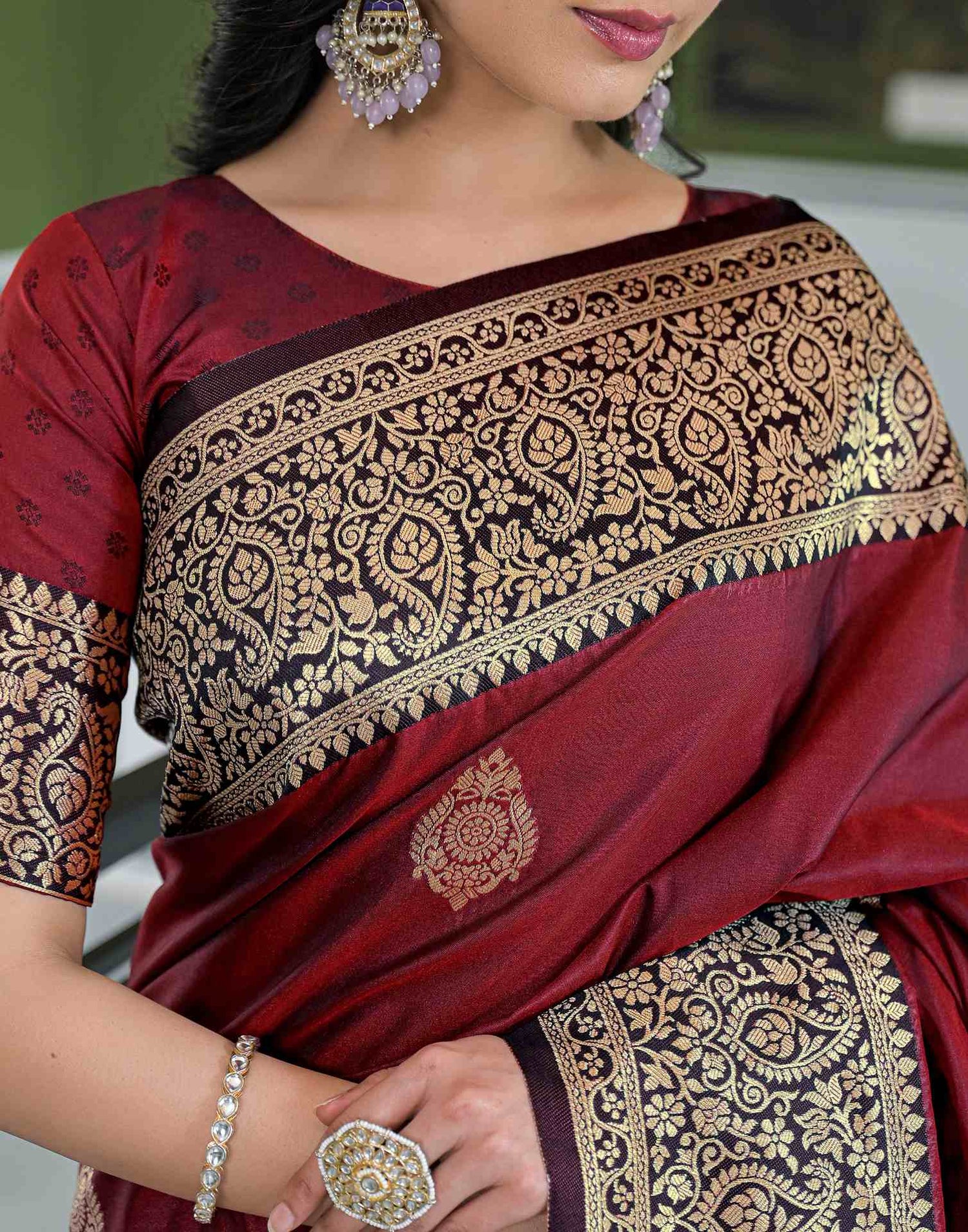 Maroon Silk Woven Banarasi Saree