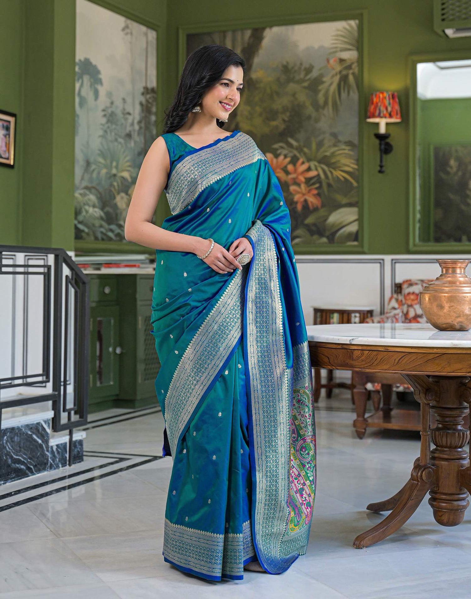 Teal Blue Silk Woven Banarasi Saree
