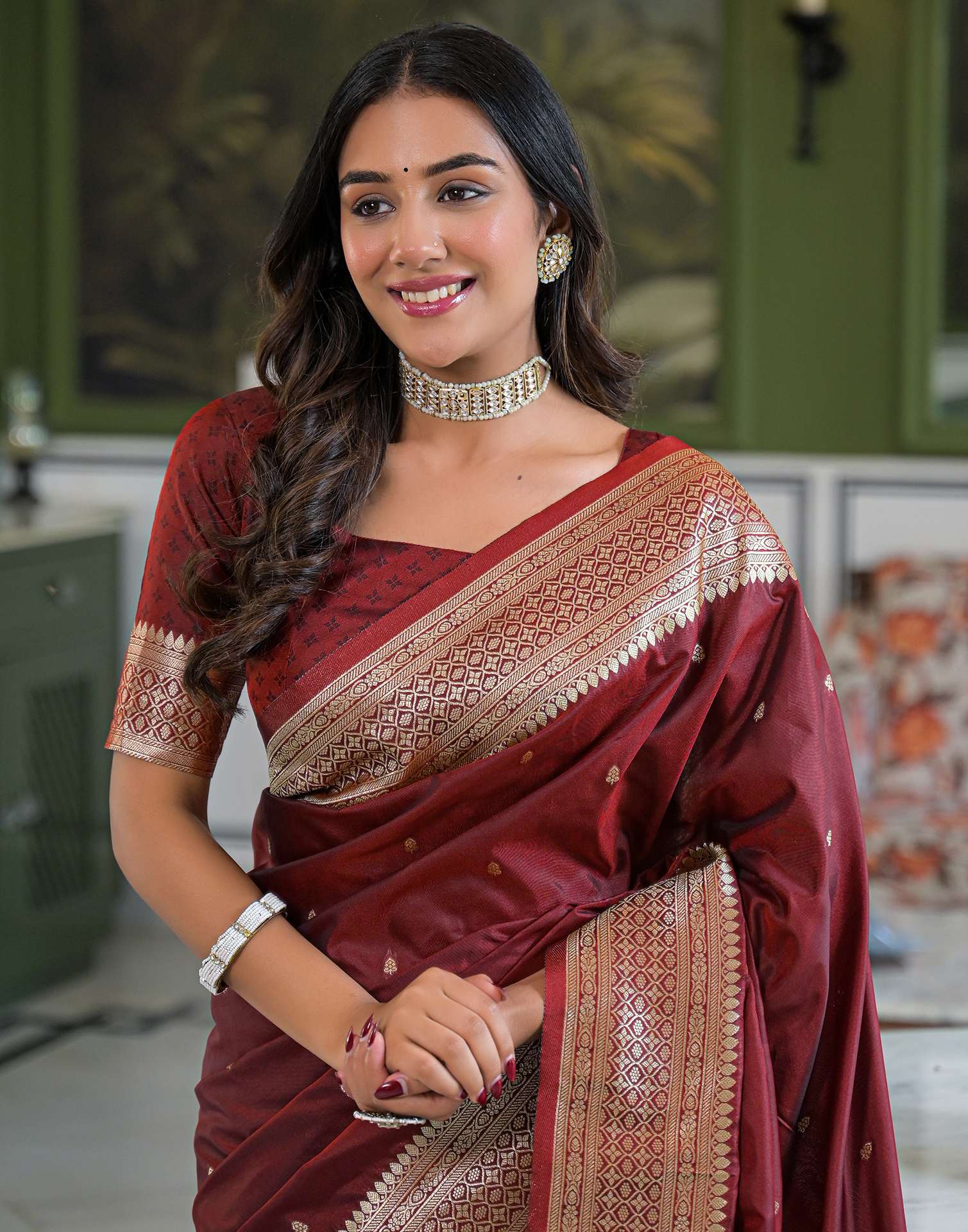 Maroon Silk Woven Banarasi Saree