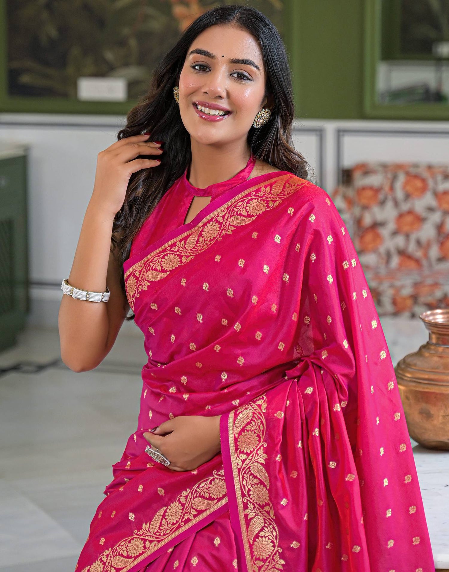 Dark Pink Silk Woven Banarasi Saree