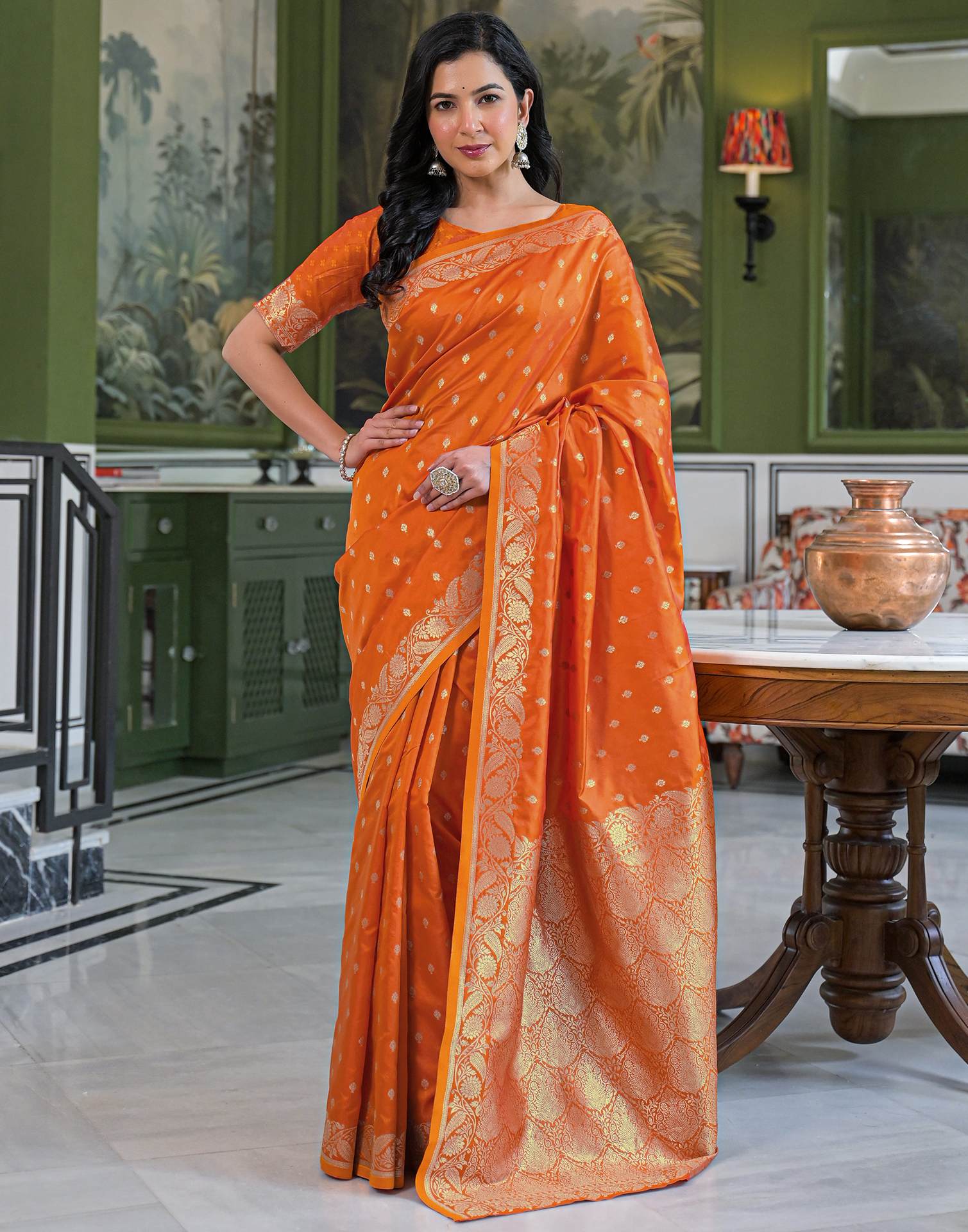 Orange Silk Woven Banarasi Saree