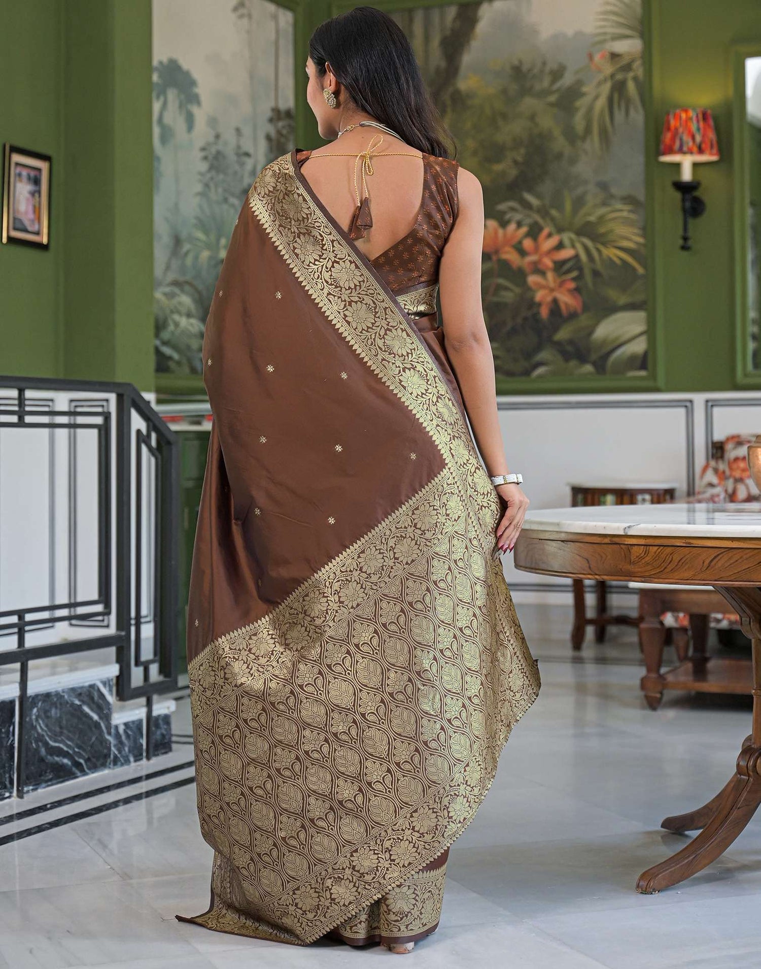 Dark Brown Silk Woven Banarasi Saree