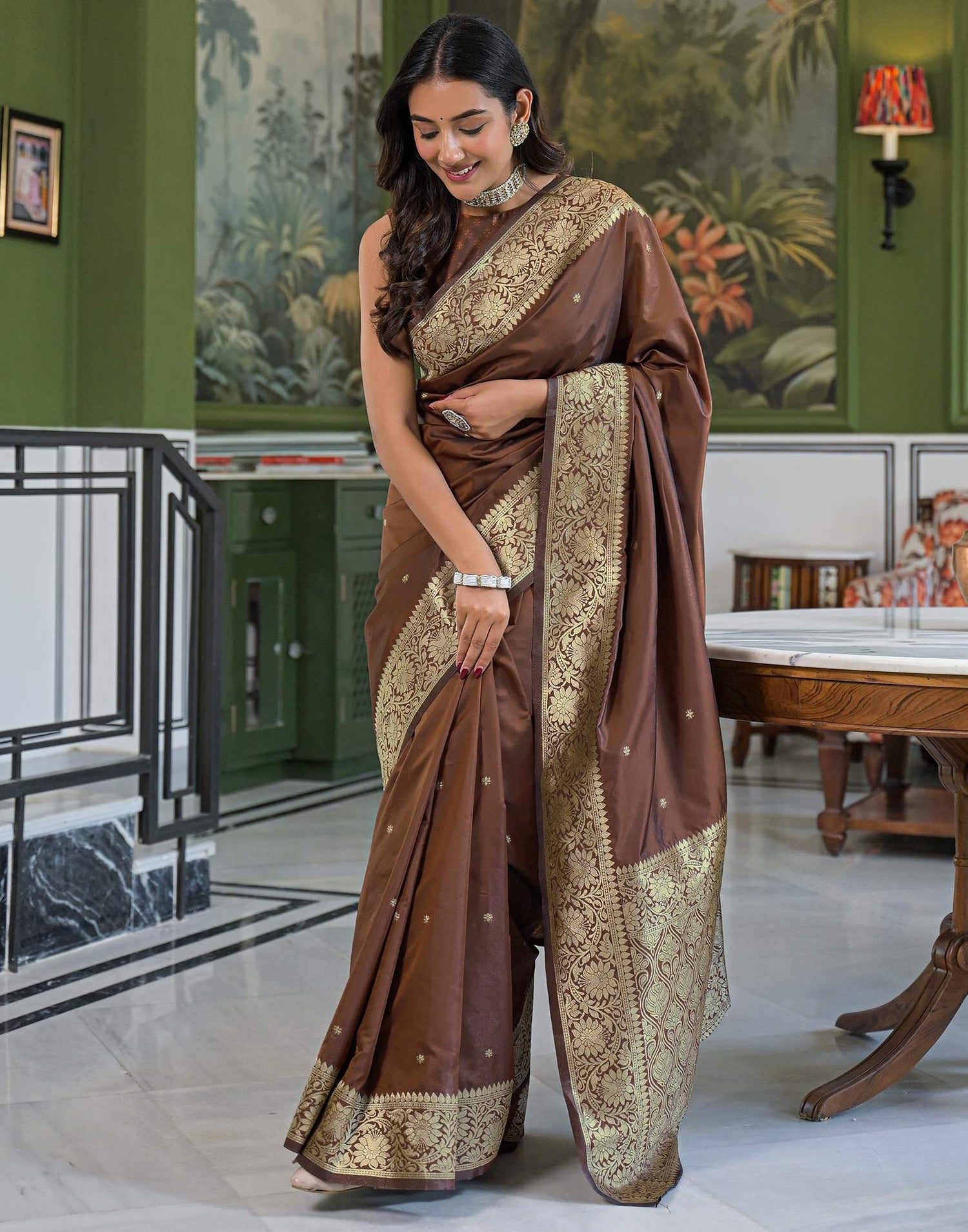 Dark Brown Silk Woven Banarasi Saree