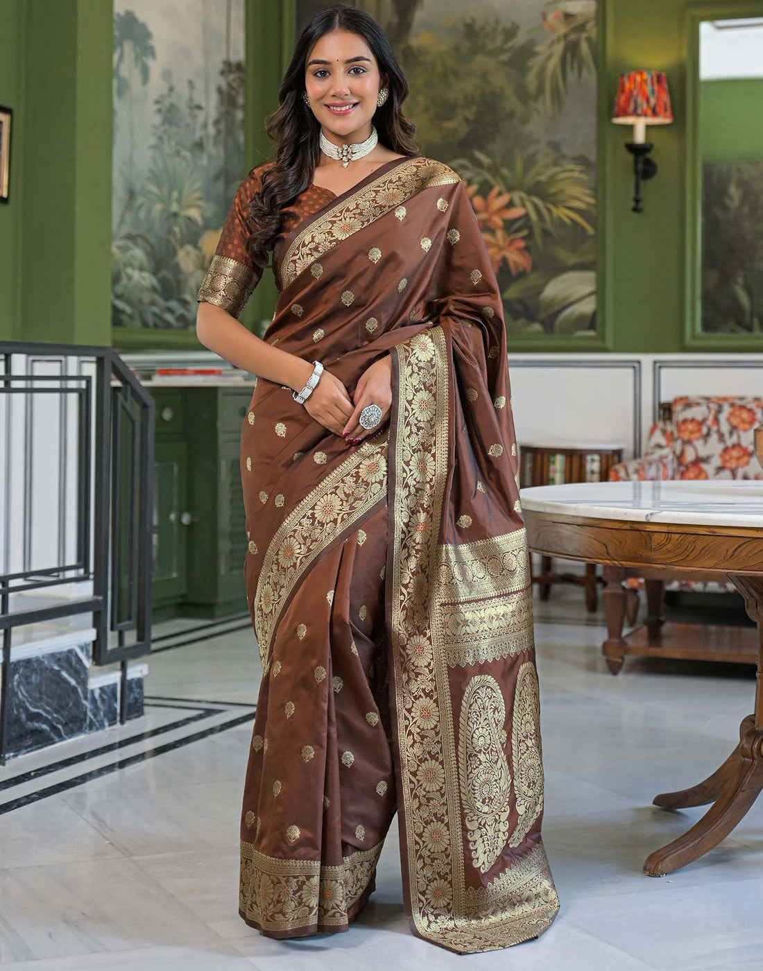 Brown Silk Woven Banarasi Saree