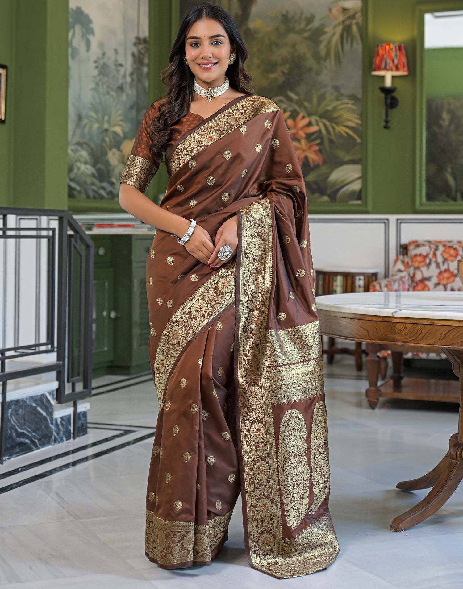 Brown Silk Woven Banarasi Saree