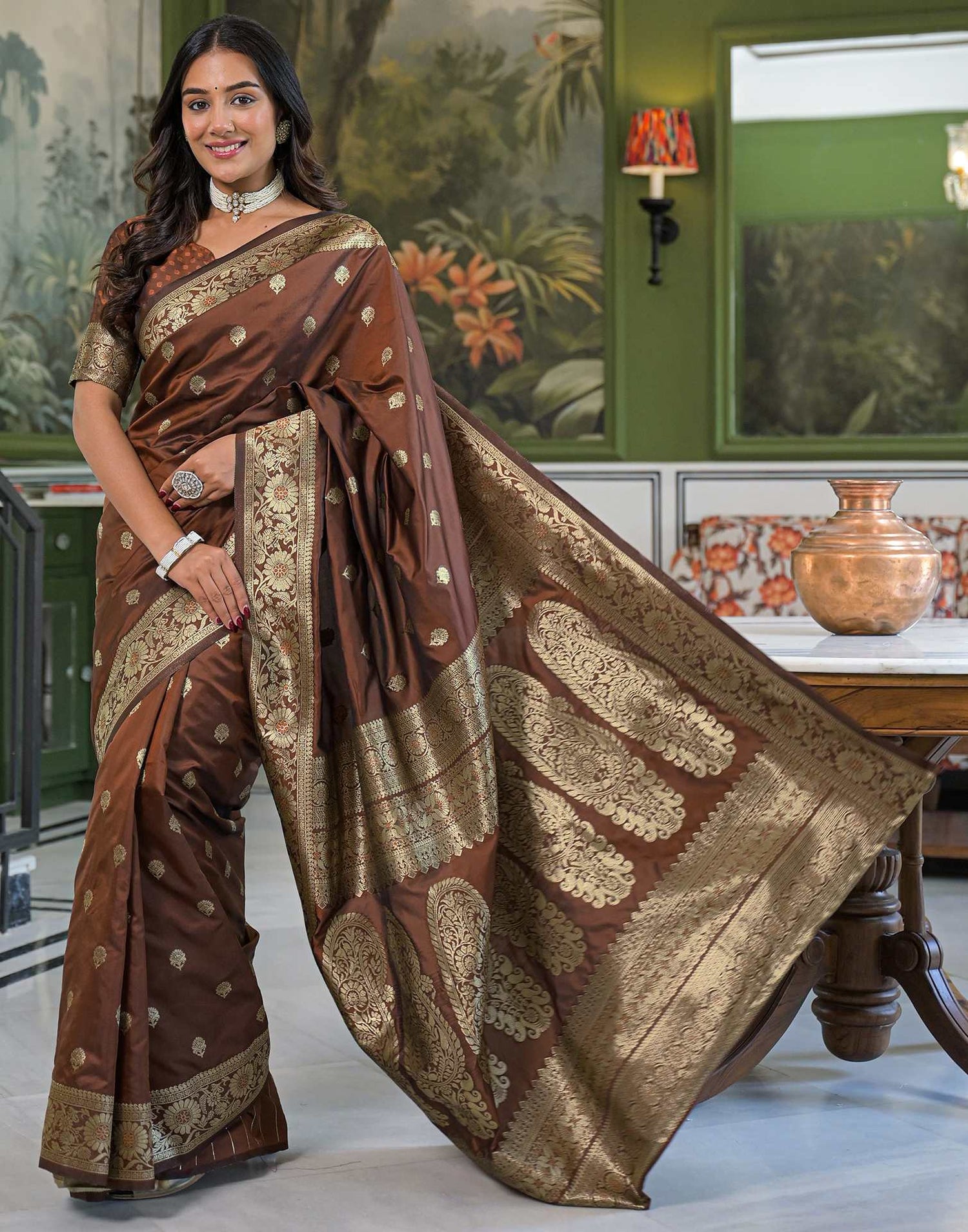 Brown Silk Woven Banarasi Saree