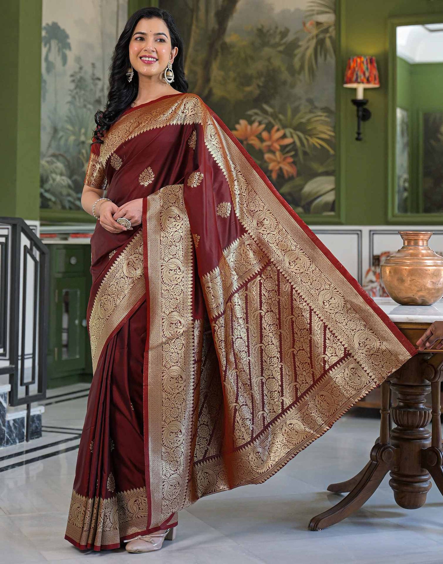 Maroon Silk Woven Banarasi Saree