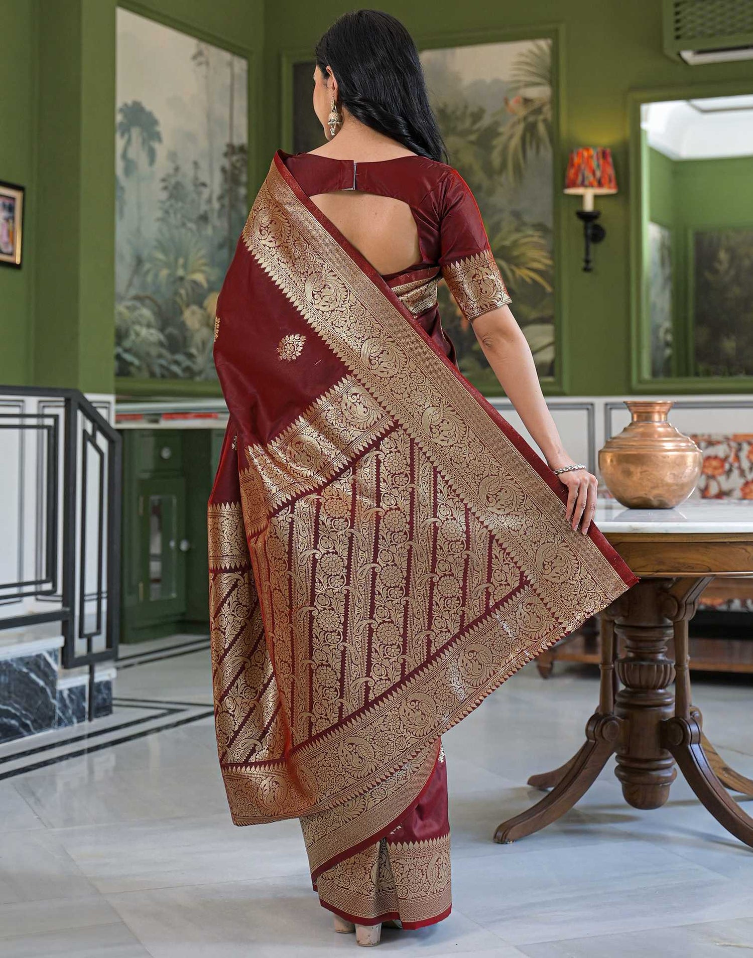 Maroon Silk Woven Banarasi Saree
