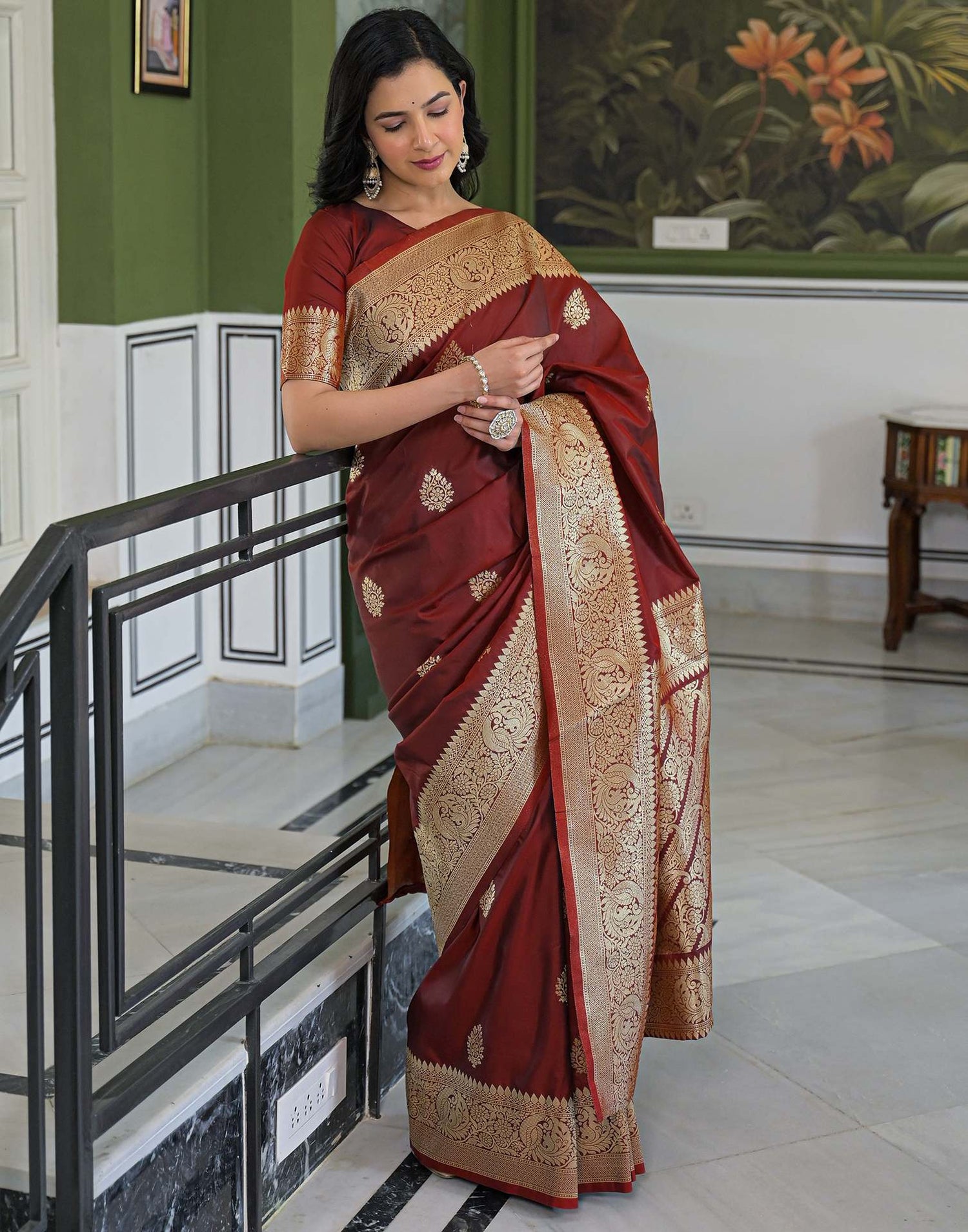 Maroon Silk Woven Banarasi Saree