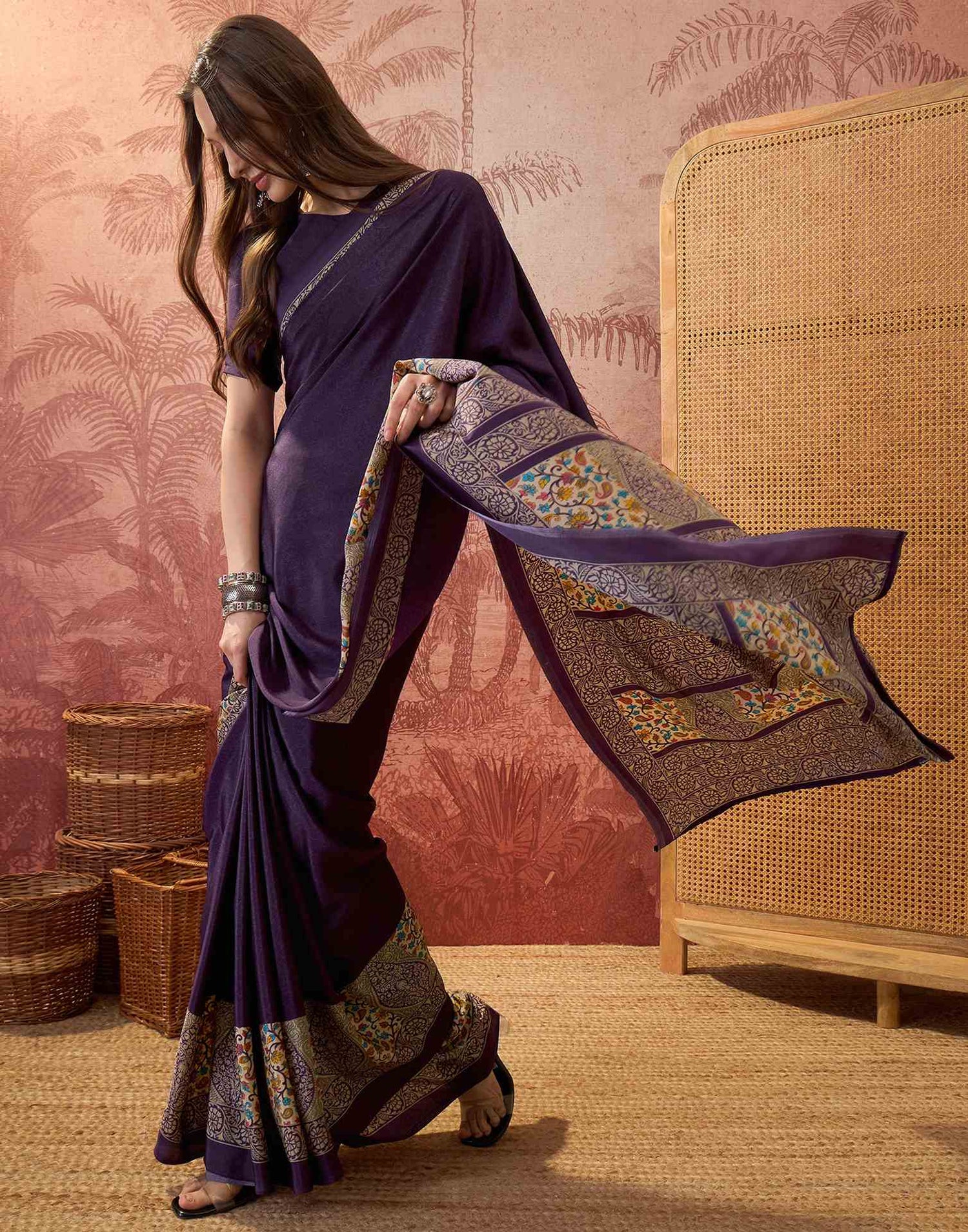 Dark Purple Crepe Silk Printed Saree