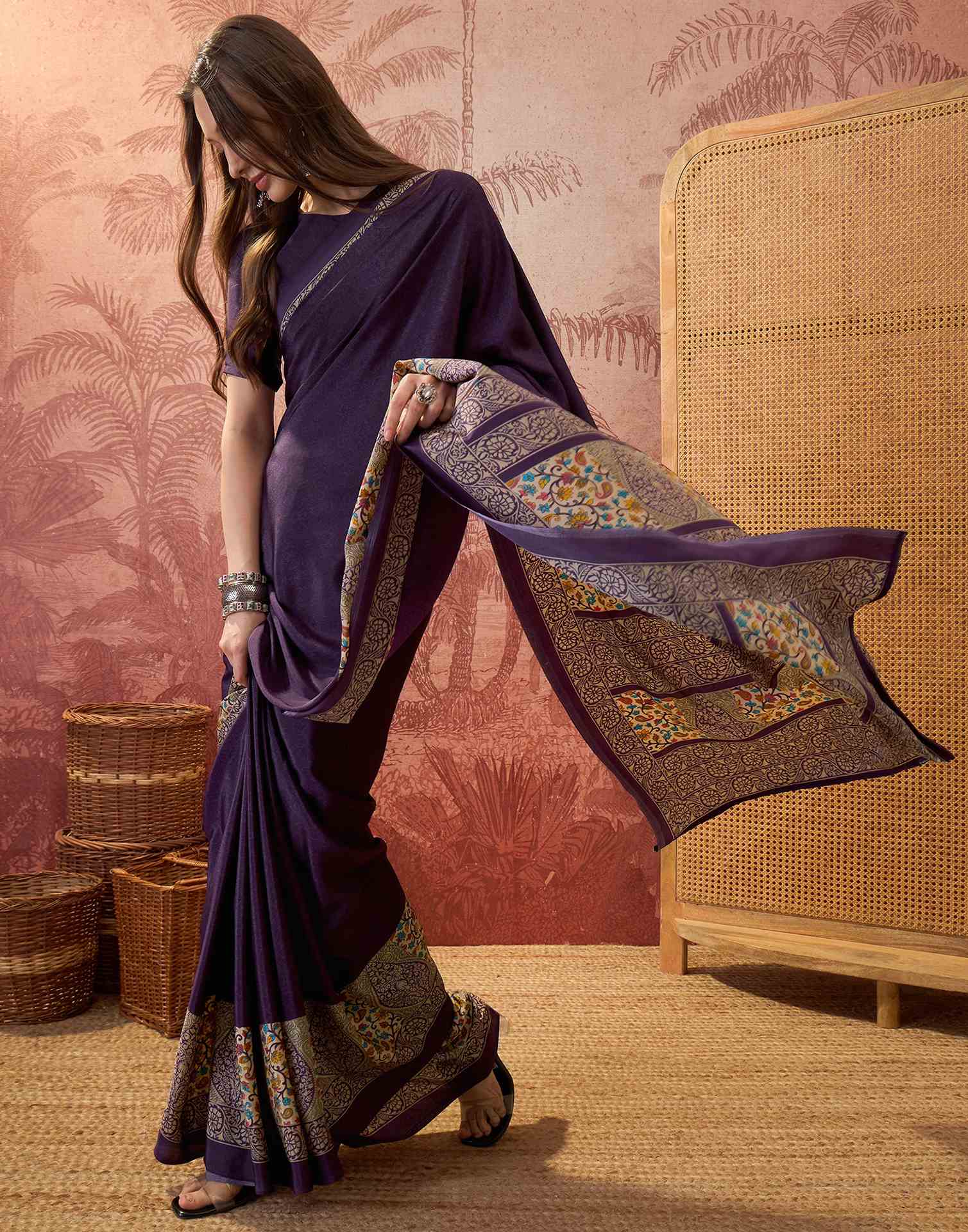 Dark Purple Crepe Silk Printed Saree