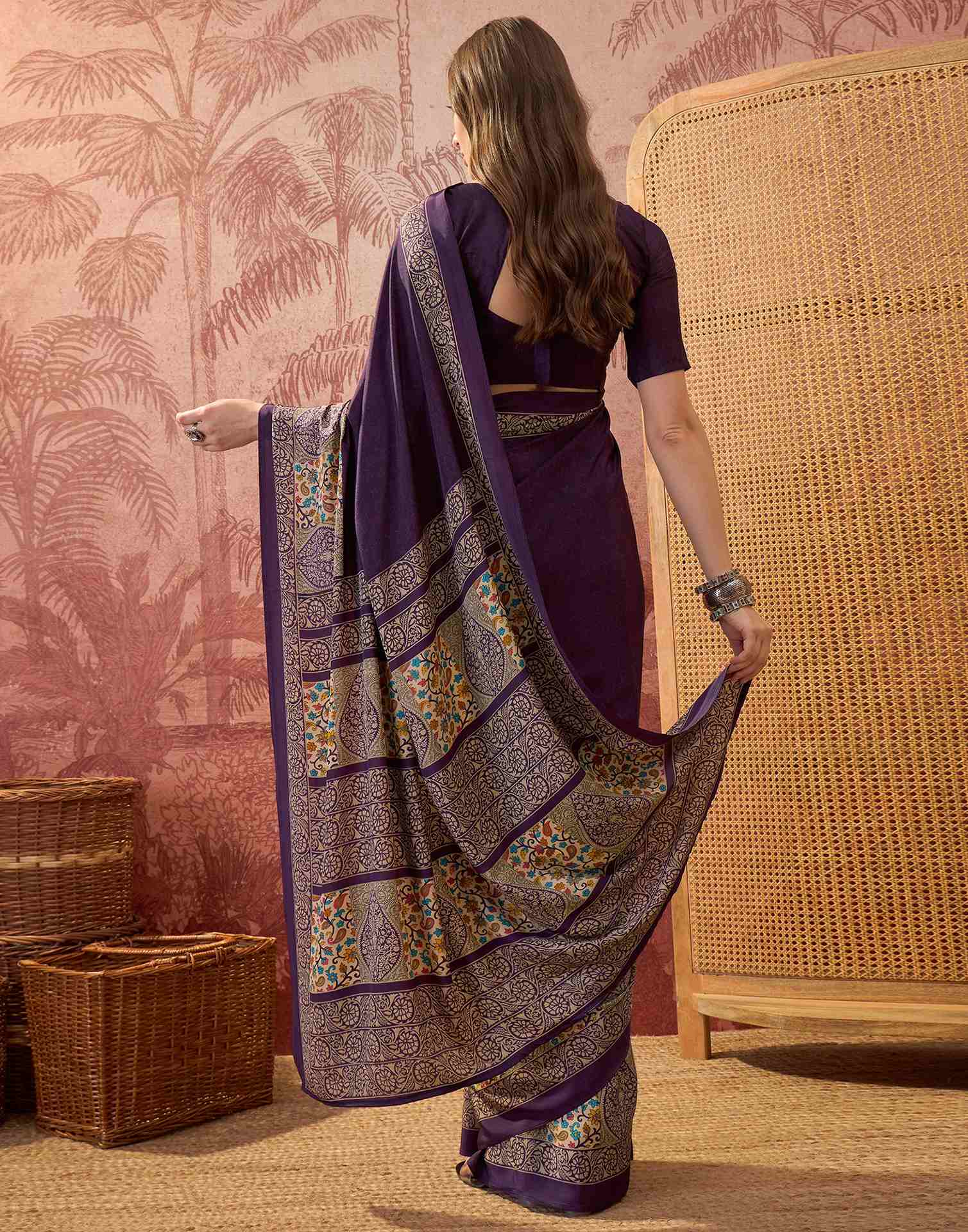 Dark Purple Crepe Silk Printed Saree
