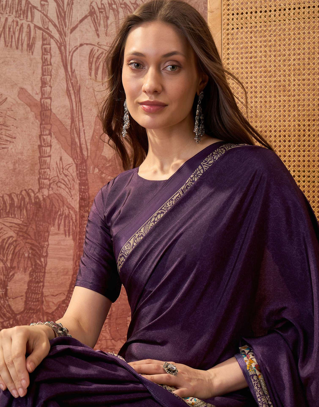 Dark Purple Crepe Silk Printed Saree