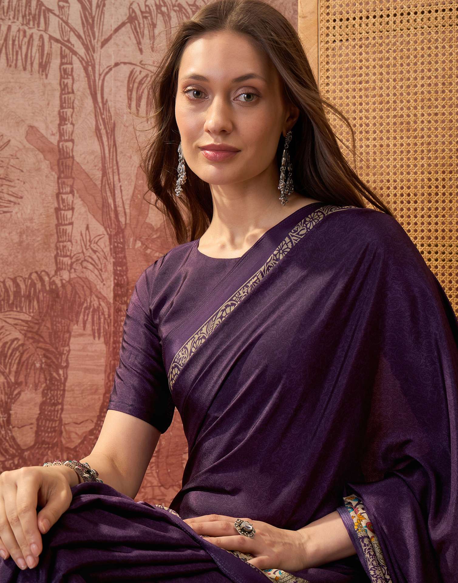 Dark Purple Crepe Silk Printed Saree