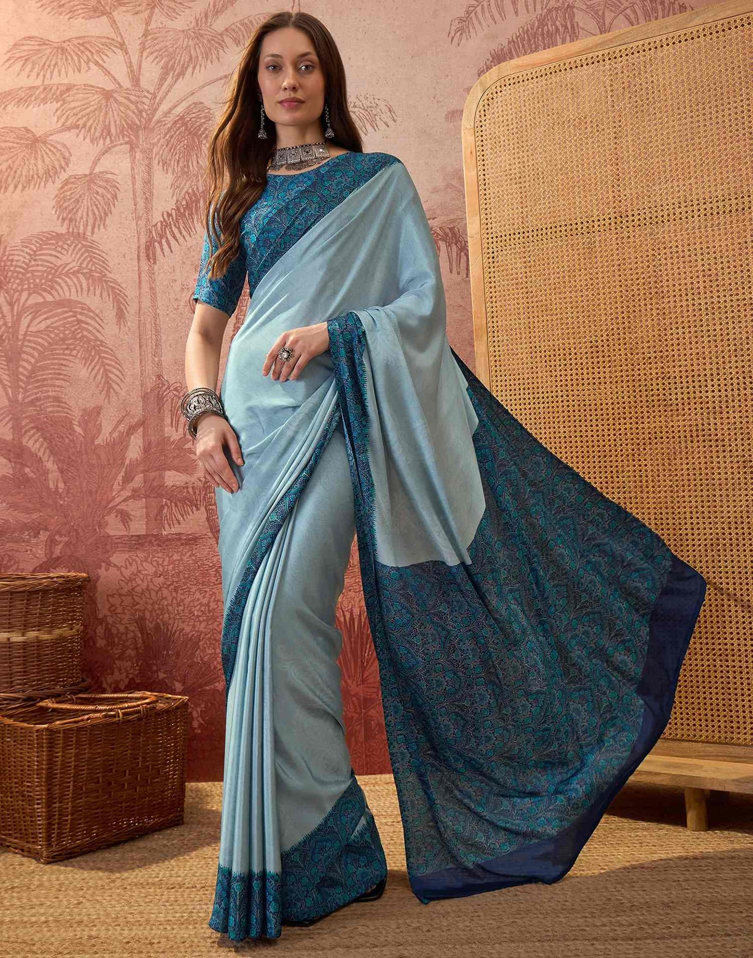 Light Blue Crepe Silk Printed Saree