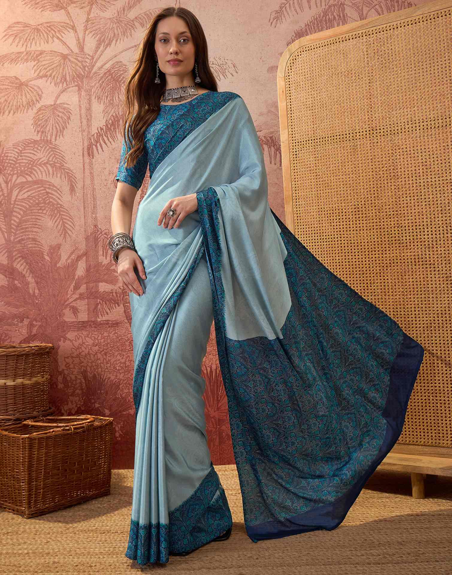 Light Blue Crepe Silk Printed Saree