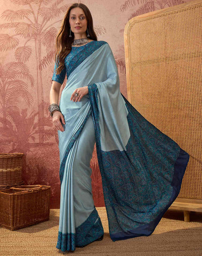 Light Blue Crepe Silk Printed Saree