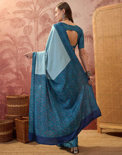 Light Blue Crepe Silk Printed Saree