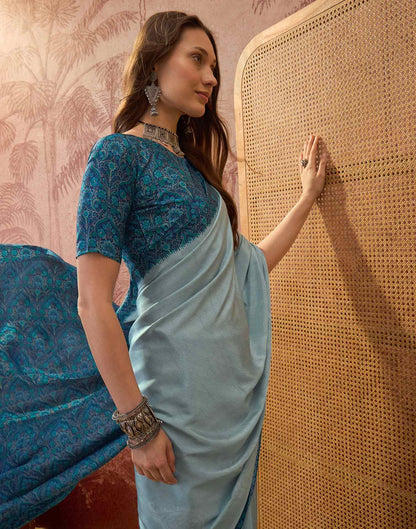 Light Blue Crepe Silk Printed Saree