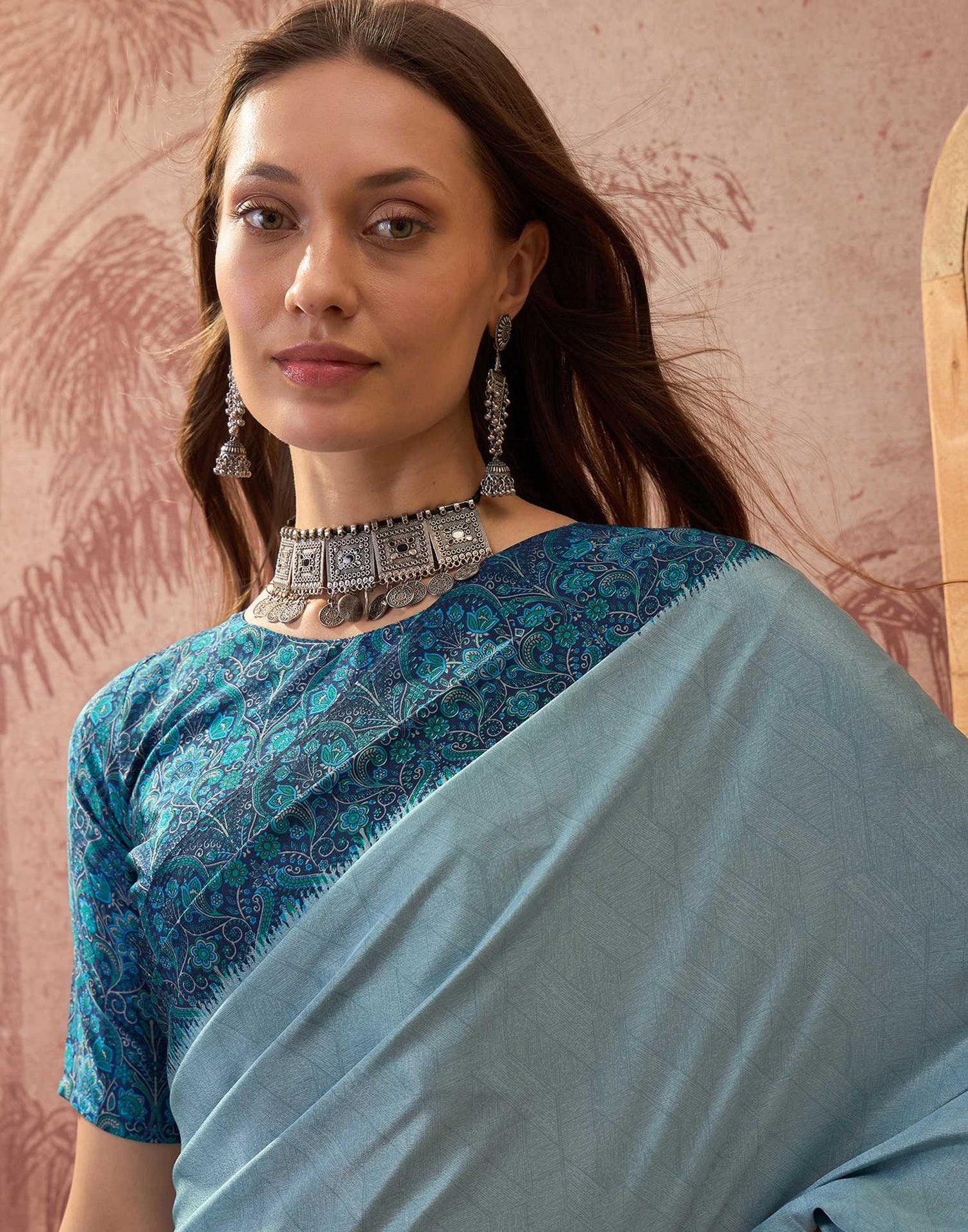 Light Blue Crepe Silk Printed Saree