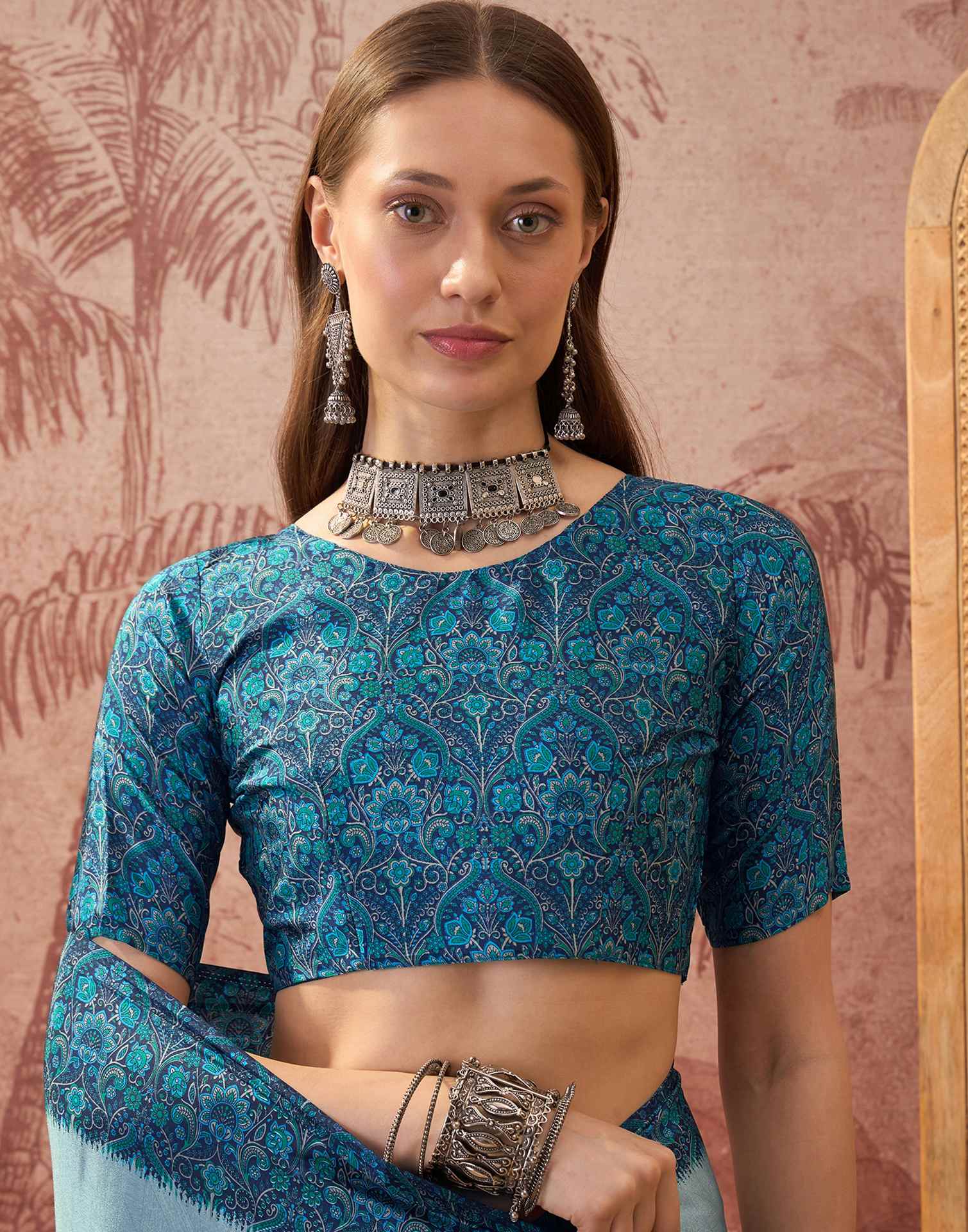 Light Blue Crepe Silk Printed Saree