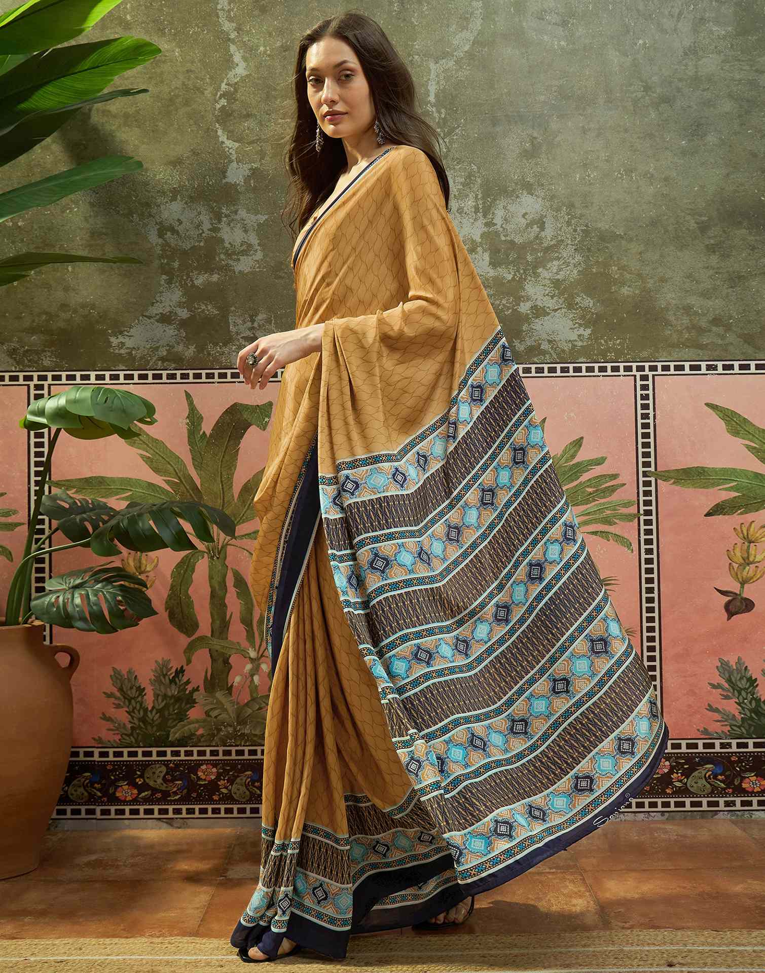 Mustard Crepe Silk Printed Saree