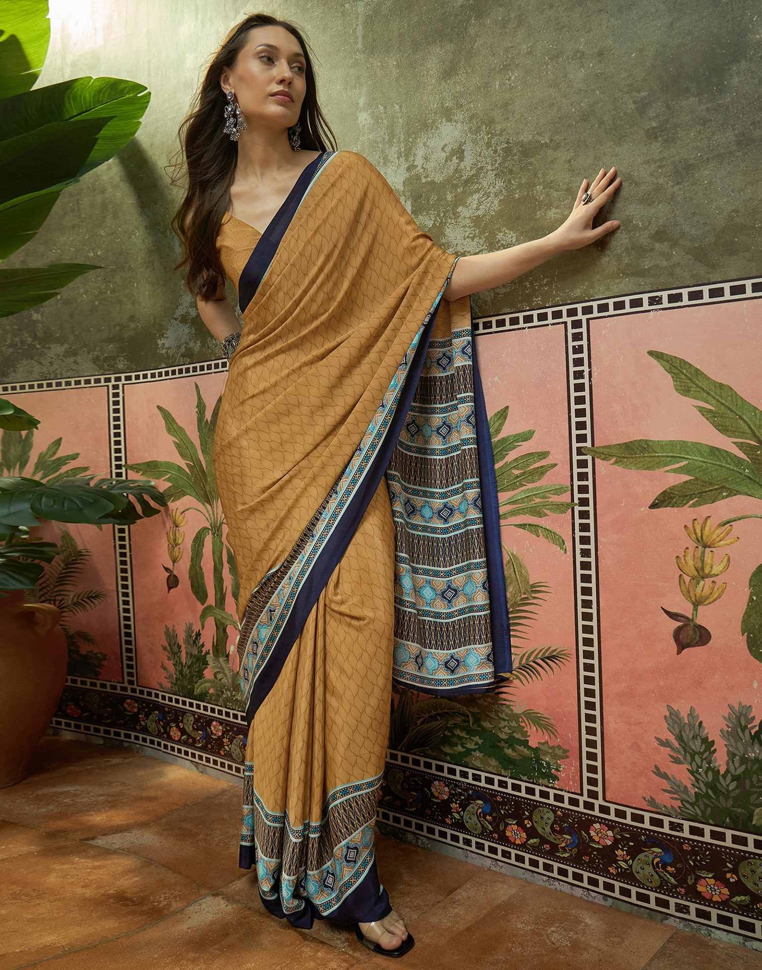 Mustard Crepe Silk Printed Saree