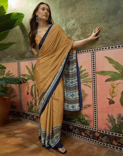 Mustard Crepe Silk Printed Saree