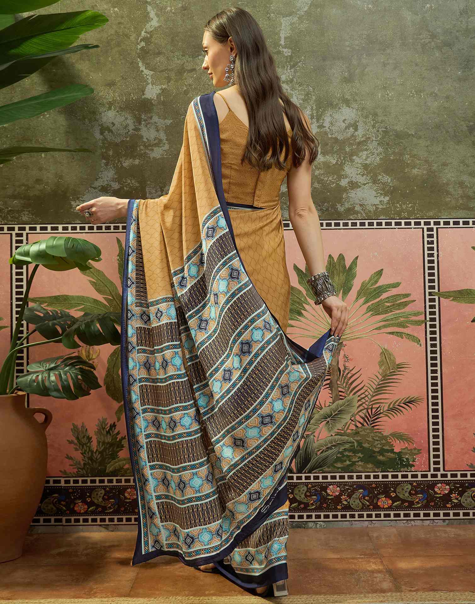 Mustard Crepe Silk Printed Saree