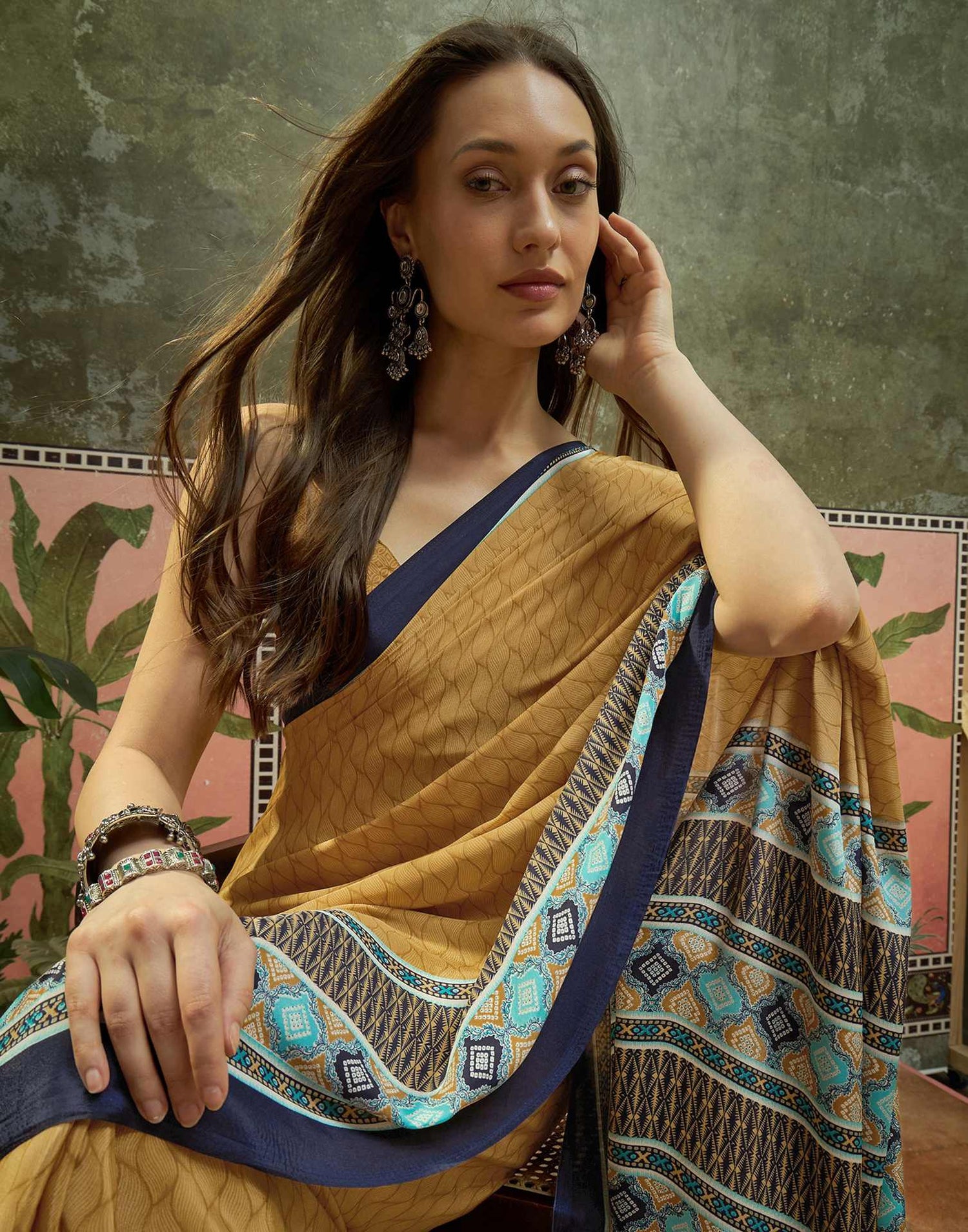 Mustard Crepe Silk Printed Saree
