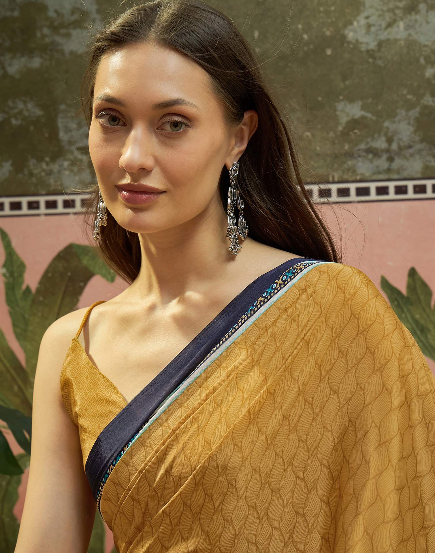 Mustard Crepe Silk Printed Saree