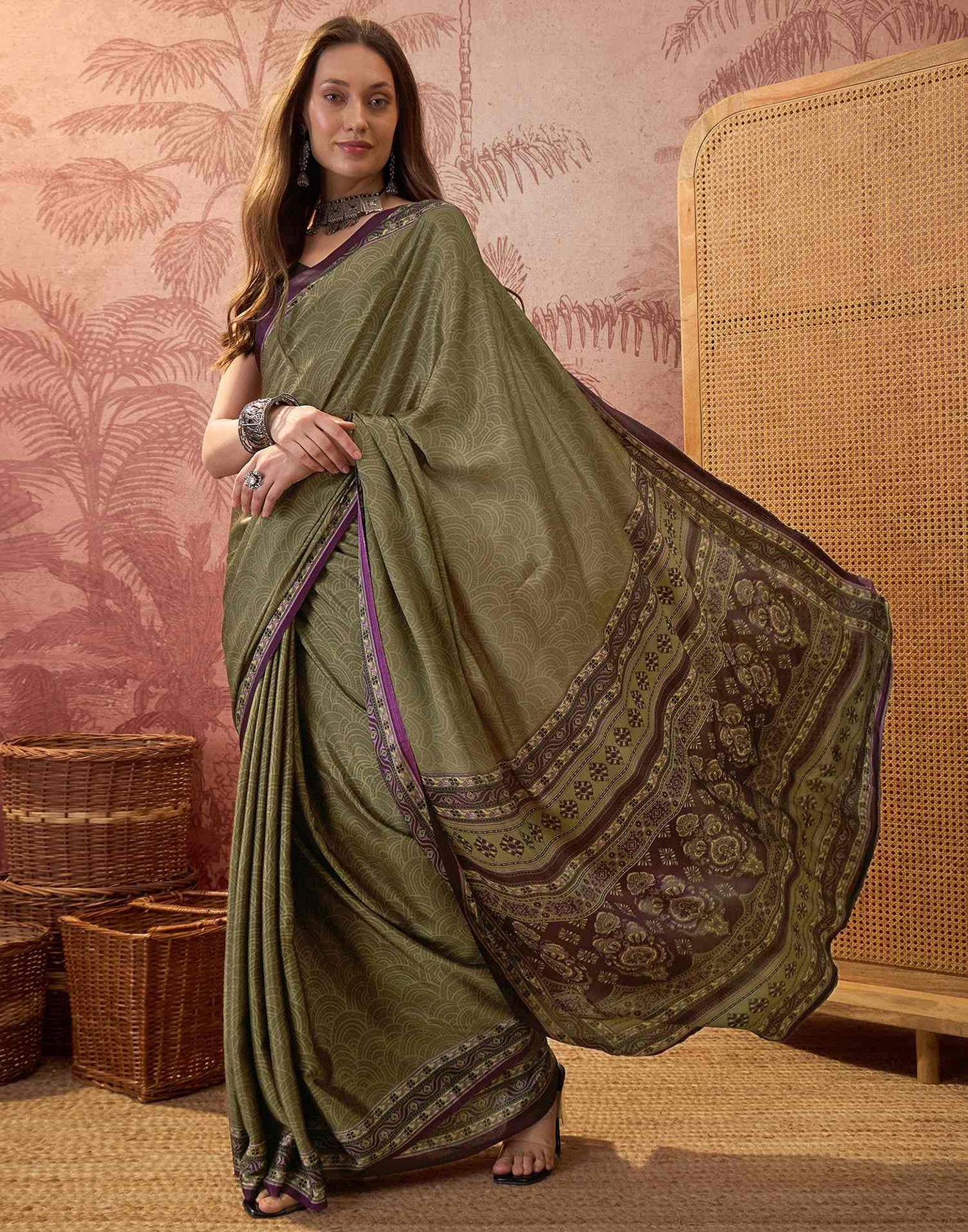 Mehndi Green Crepe Silk Printed Saree