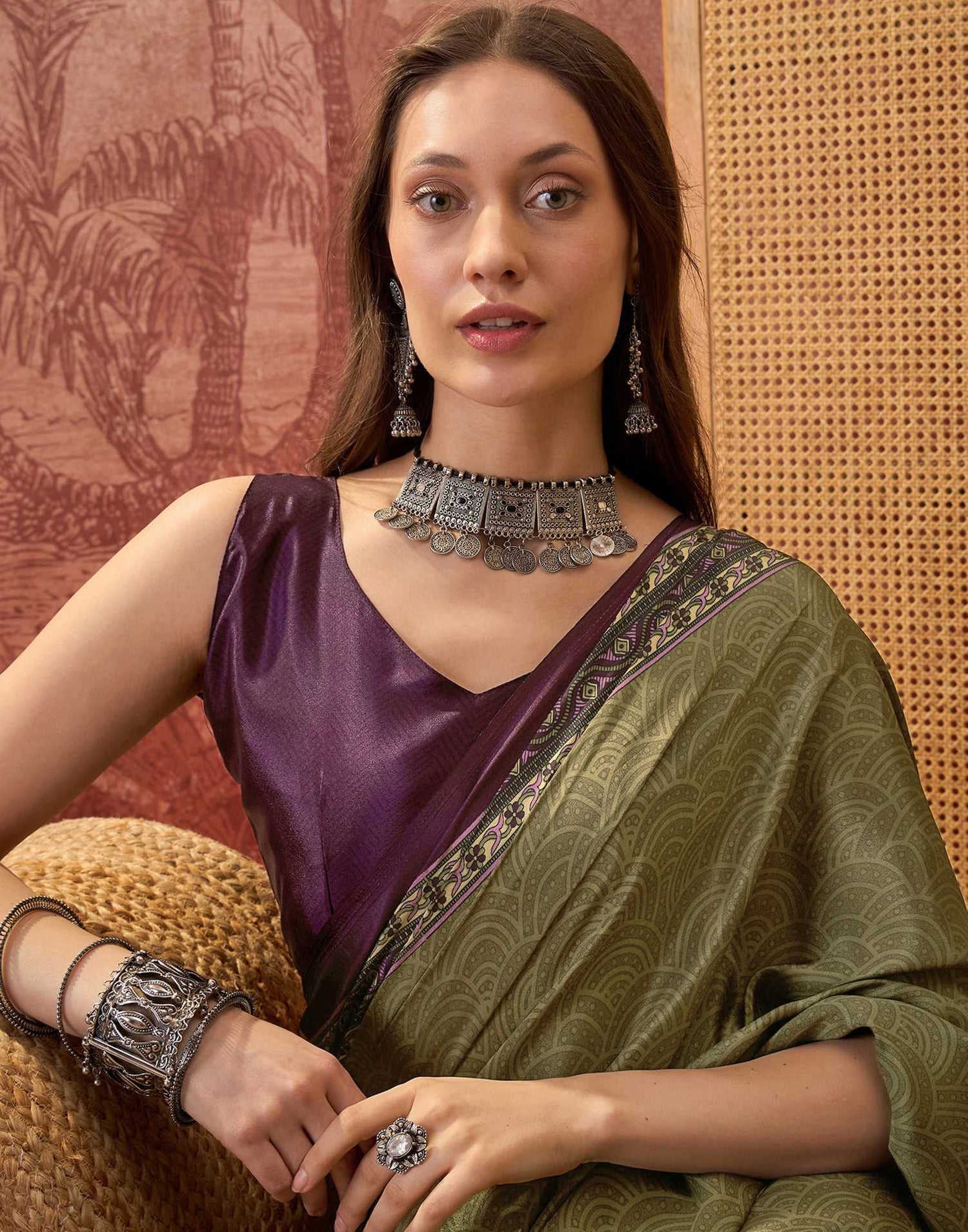 Mehndi Green Crepe Silk Printed Saree