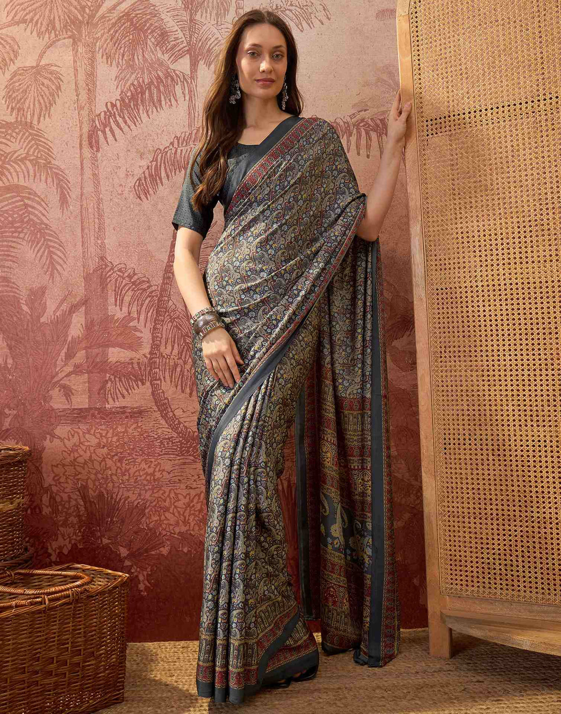Grey Crepe Silk Printed Saree