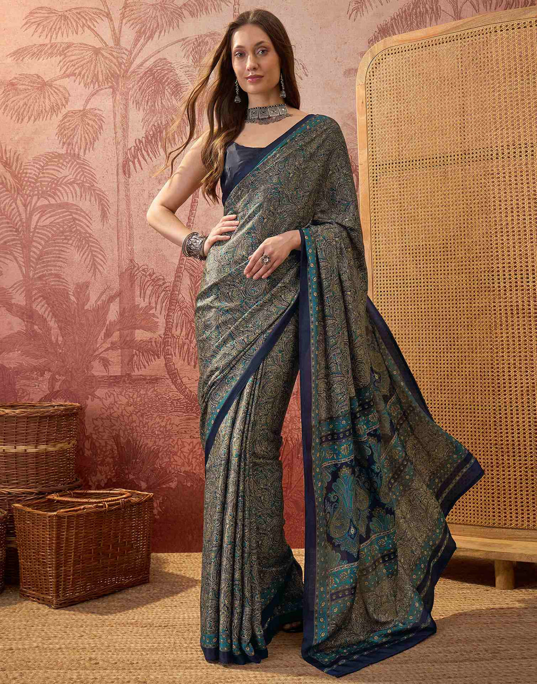 Navy Blue Crepe Silk Printed Saree