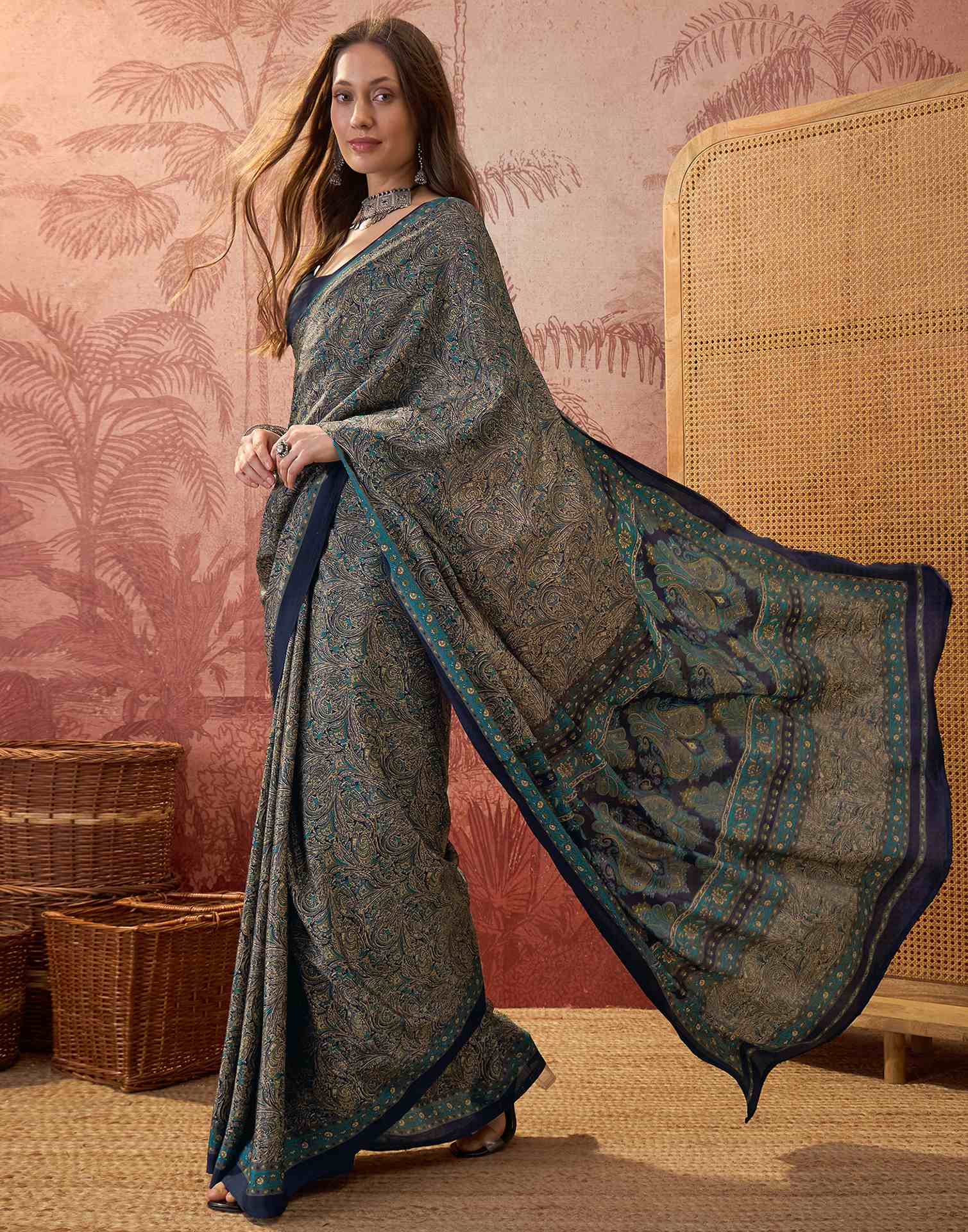 Navy Blue Crepe Silk Printed Saree