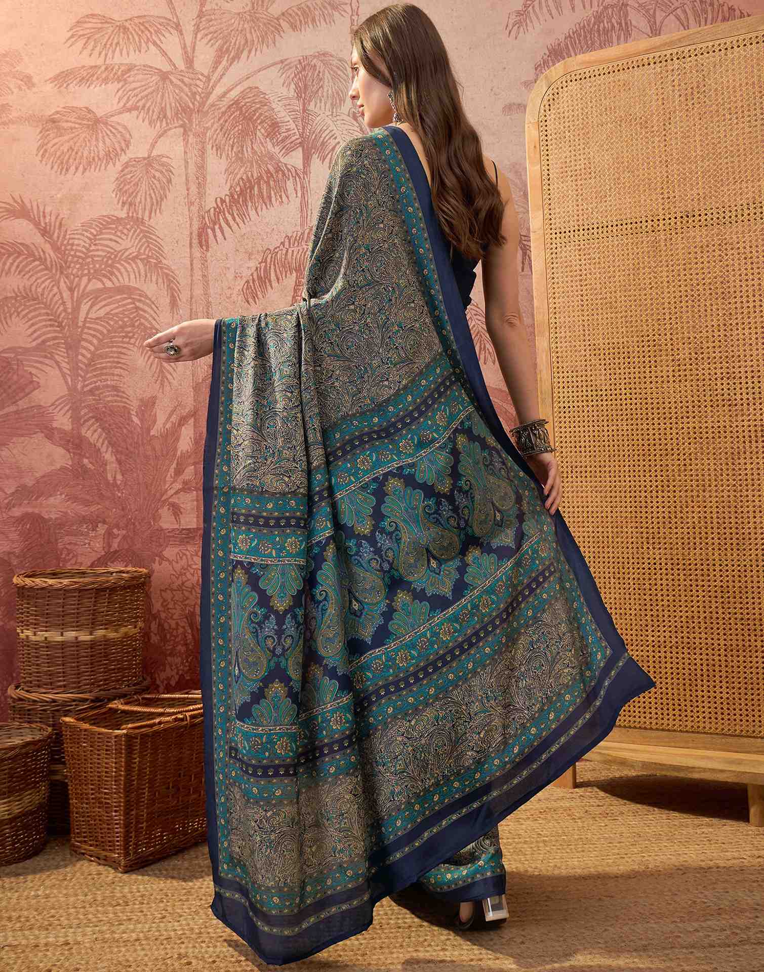 Navy Blue Crepe Silk Printed Saree