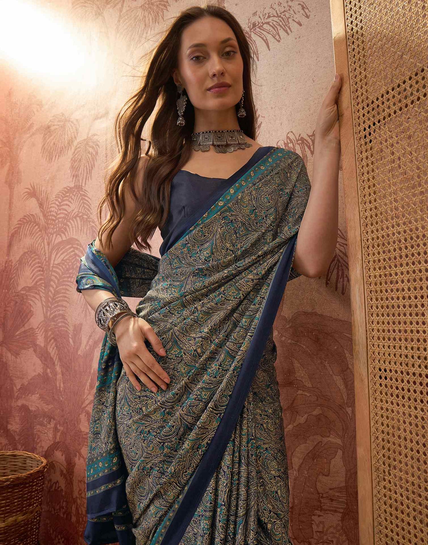Navy Blue Crepe Silk Printed Saree