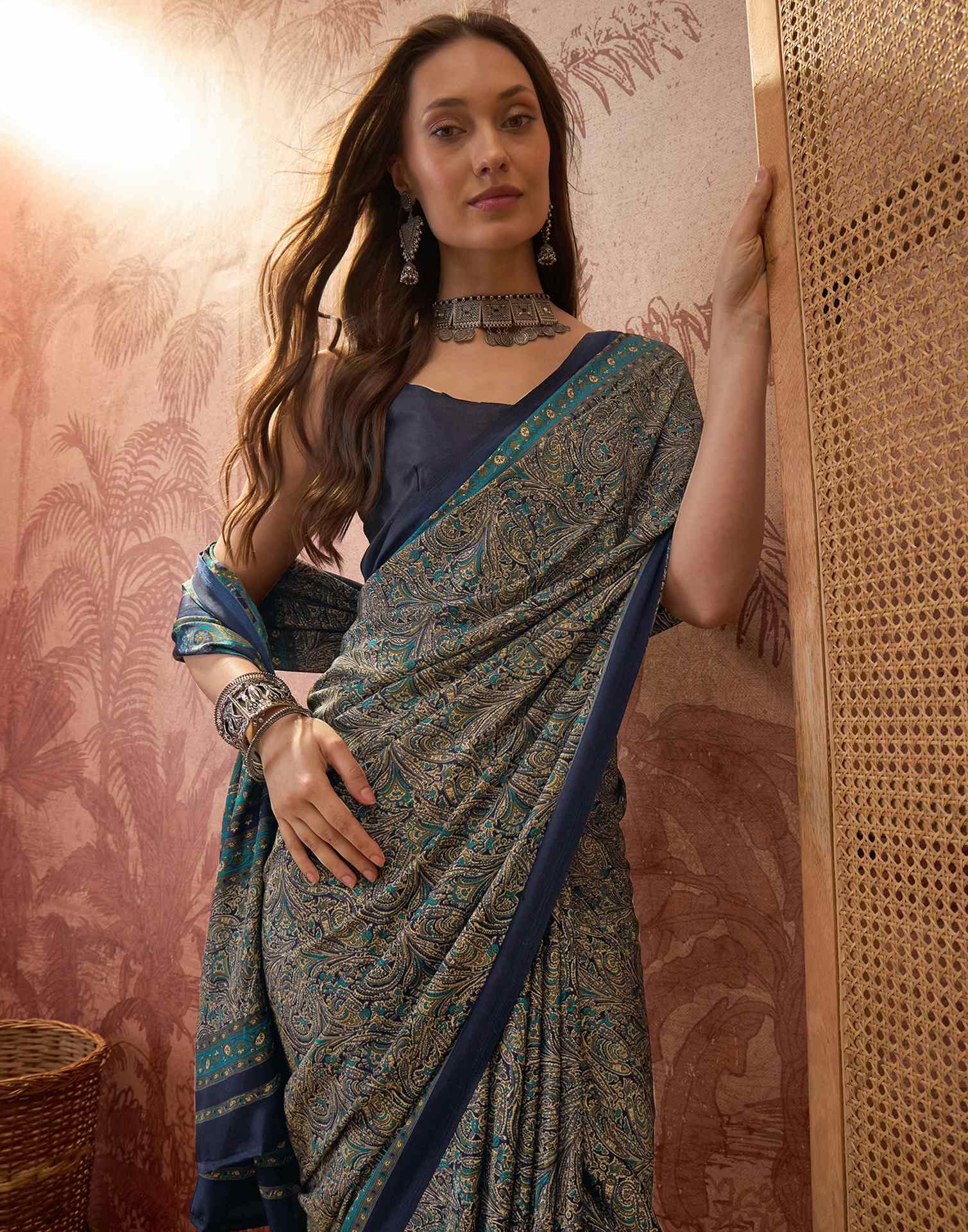 Navy Blue Crepe Silk Printed Saree