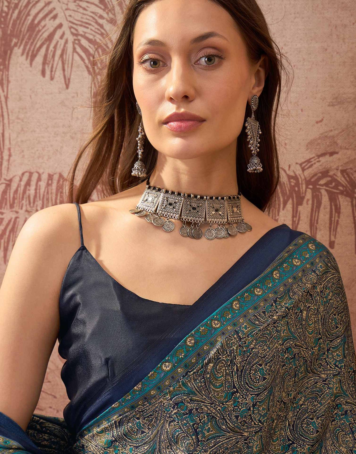 Navy Blue Crepe Silk Printed Saree