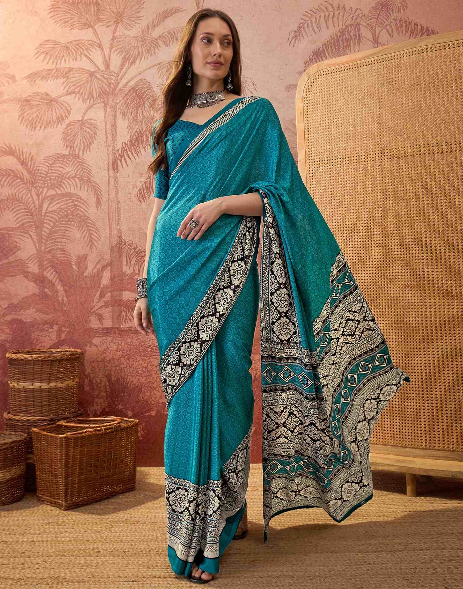 Teal Blue Crepe Silk Printed Saree